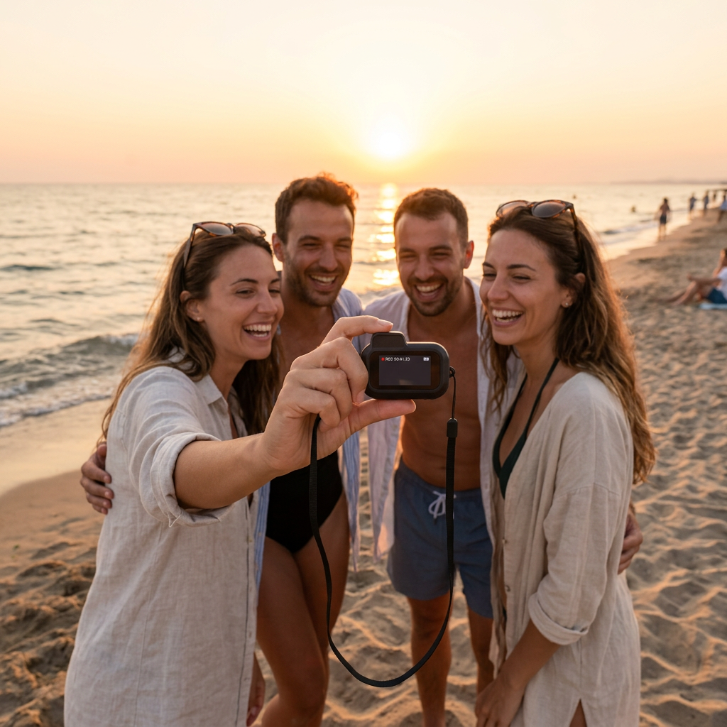 Grupo de amigos disfrutando un día de playa grabando con la mini cámara digital HD